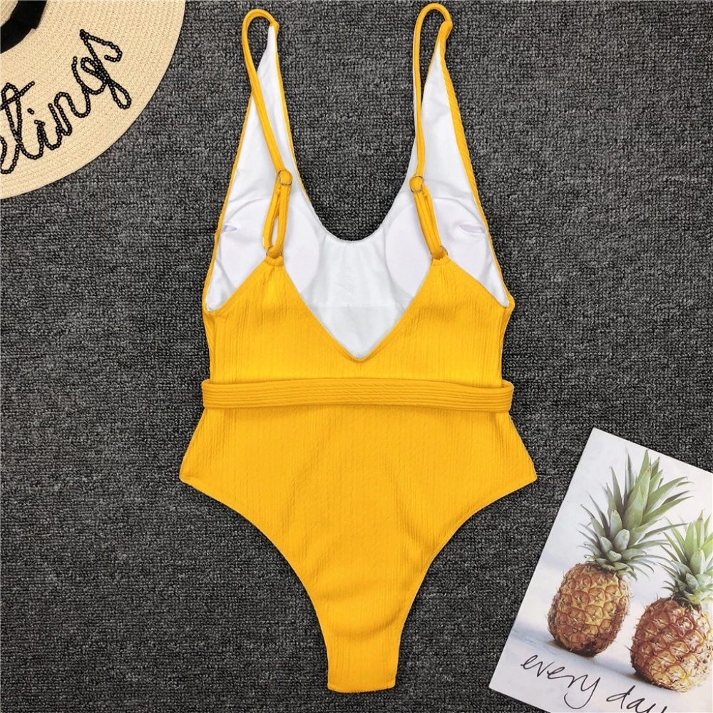 New Ribbed Deep V-neck Belted One Piece Swimsuit - Picture 6 of 6